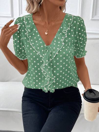 SHEIN Clasi Women Elegant Ruffle Collar Color Block Polka Dot Puff Sleeve Blouse
