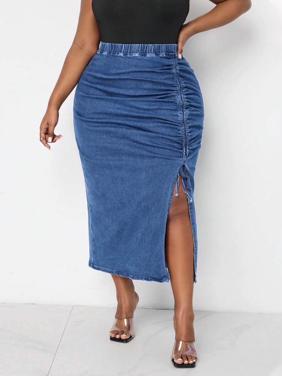 SHEIN Lady Plus Size Women's Denim Skirt Sexy Skinny Pleated Midi Skirt Blue Denim Skirt Long Women Skirts Sexy Blue Dress Women Skirts Thanksgiving Women Outfit Sexy Women Outfits