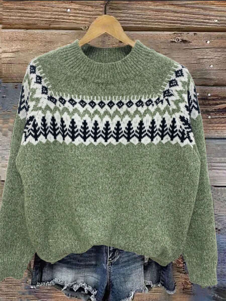 SHEIN LUNE Suéter casual con cuello alto y estampado geométrico para mujer, otoño/invierno