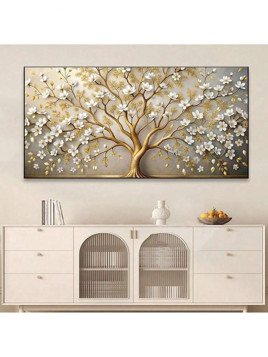 1pc Abstract White FLower Golden Rich Tree Poster And Prints Canvas Painting Wall Art Pictures For Living Room For Bedroom Office Decor Unframed