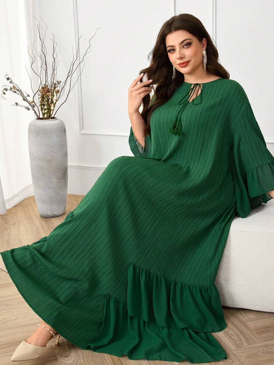 Lacomfia Plus-size dames effen kleur kwastje strik hals uitlopende mouwen Arabische stijl jurk, bescheiden