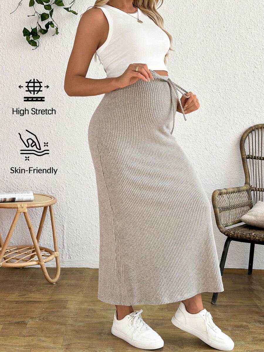 SHEIN 2pcs/Set Solid Color Round Neck Tank Top And Adjustable Waist Drawstring Figure-Hugging Maternity Skirt