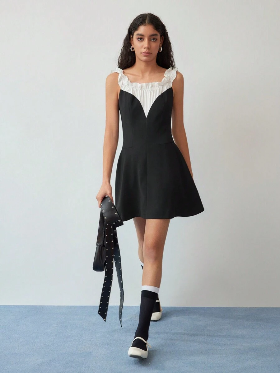 MOTF STUDIO COLORBLOCK RUFFLE TRIM OFF SHOULDER DRESS