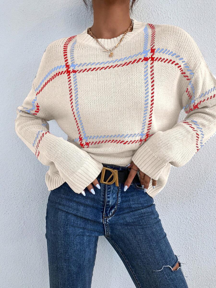SHEIN LUNE Casual Drop Shoulder Contrast Color Plaid Sweater, Autumn/Winter