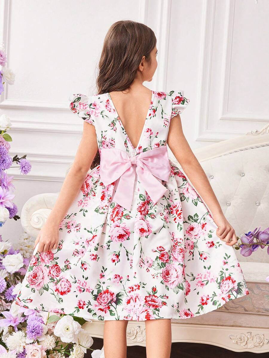 Wildeya Vestido sin espalda con manga de tapeta y escote en V con estampado floral para niña preadolescente elegante
