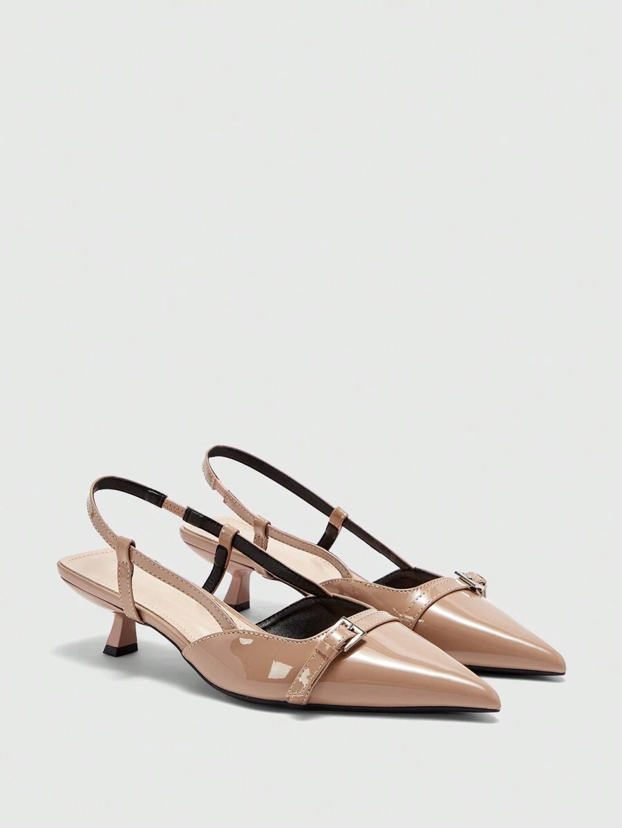 CUCCOO BIZCHIC Pointed Toe Kitten Heel Low Heel Apricot Comfortable Slip-On Pumps, Versatile Everyday Office Flats With Ankle Strap