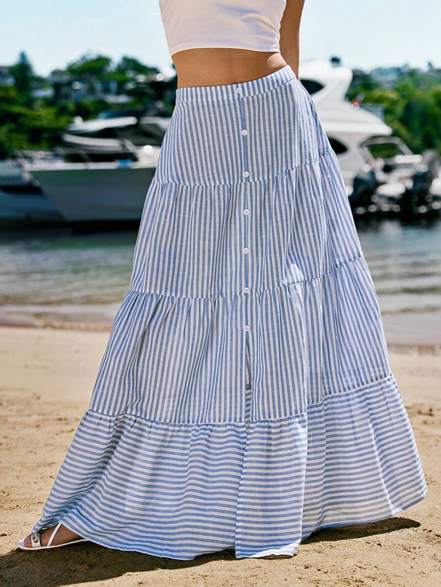 SHEIN VCAY Holiday Woven Striped High Waist Flare Skirt For Women
