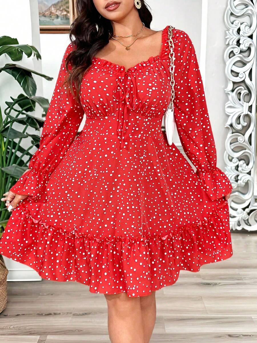 Franclia Plus Size Sweetheart Collar Ruffle Hem Long Sleeve Simple Short Dress,Valentine