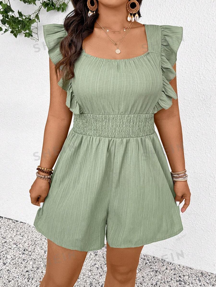 SHEIN Frenchy Mono de mujer de talla grande de unicolor con mangas cortas y cordón en la cintura