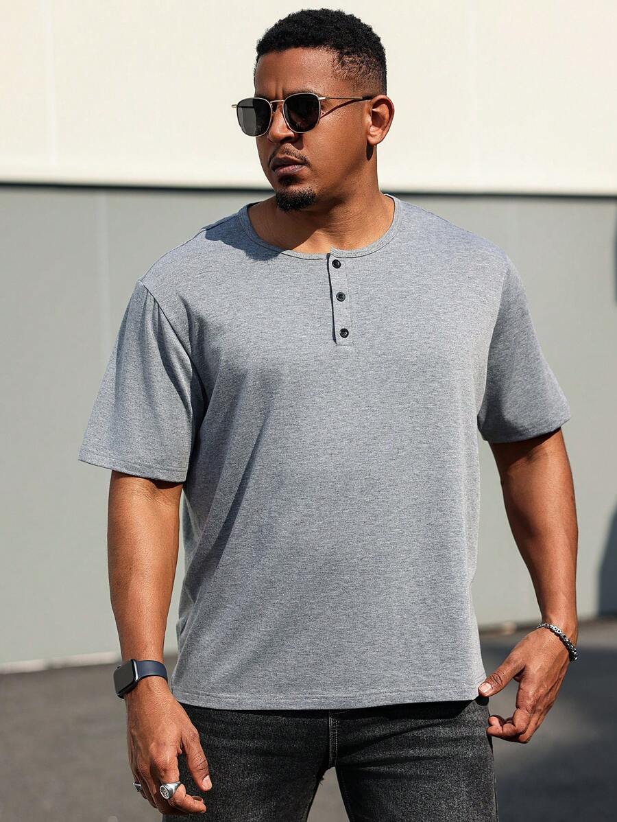 Manfinity Homme Plus Size Heren Effen Kleur Knoopsluiting Korte Mouw Casual T-shirt