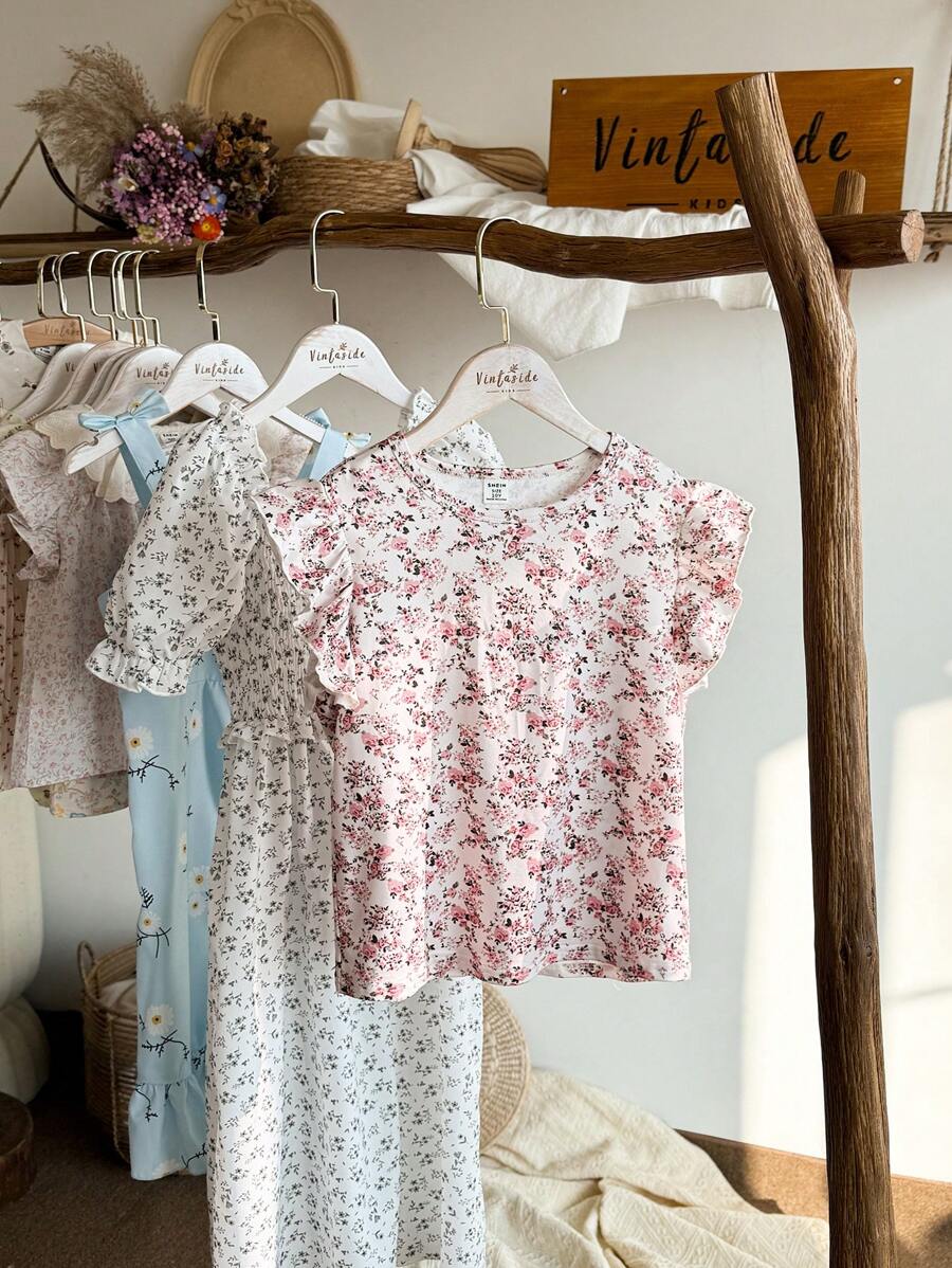 SHEIN Tween Girls Spring Pink Casual Retro Elegant Wave Stripe Printed Top And Elastic Waist Long Pants 2 Pieces Suit, Suitable For Home And Outing