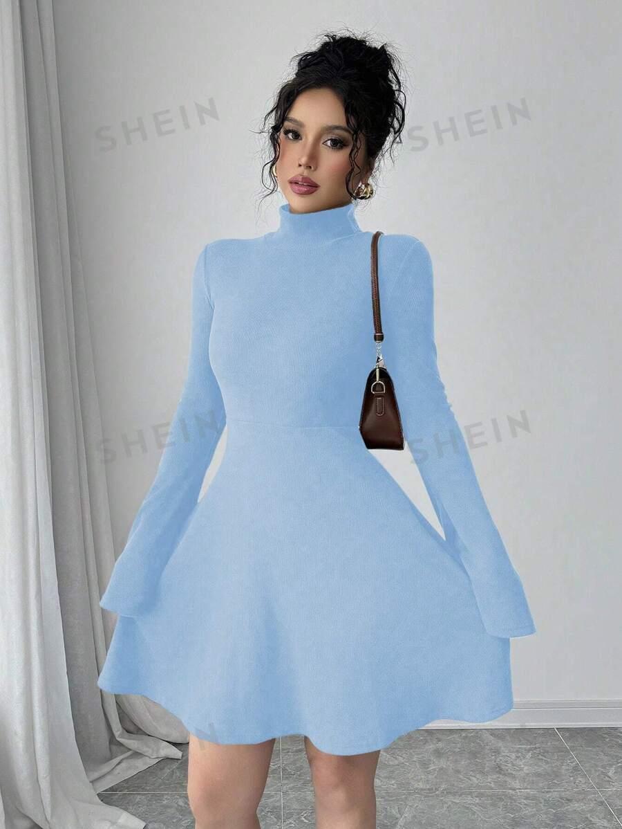 Elenzga Vestido casual de mujer de longitud media con cuello de camisa falso, manga larga, abotonado parcial delantero, bolsillo y diseño de empalme de color contrastado en mangas y dobladillo, adecuado para otoño/invierno