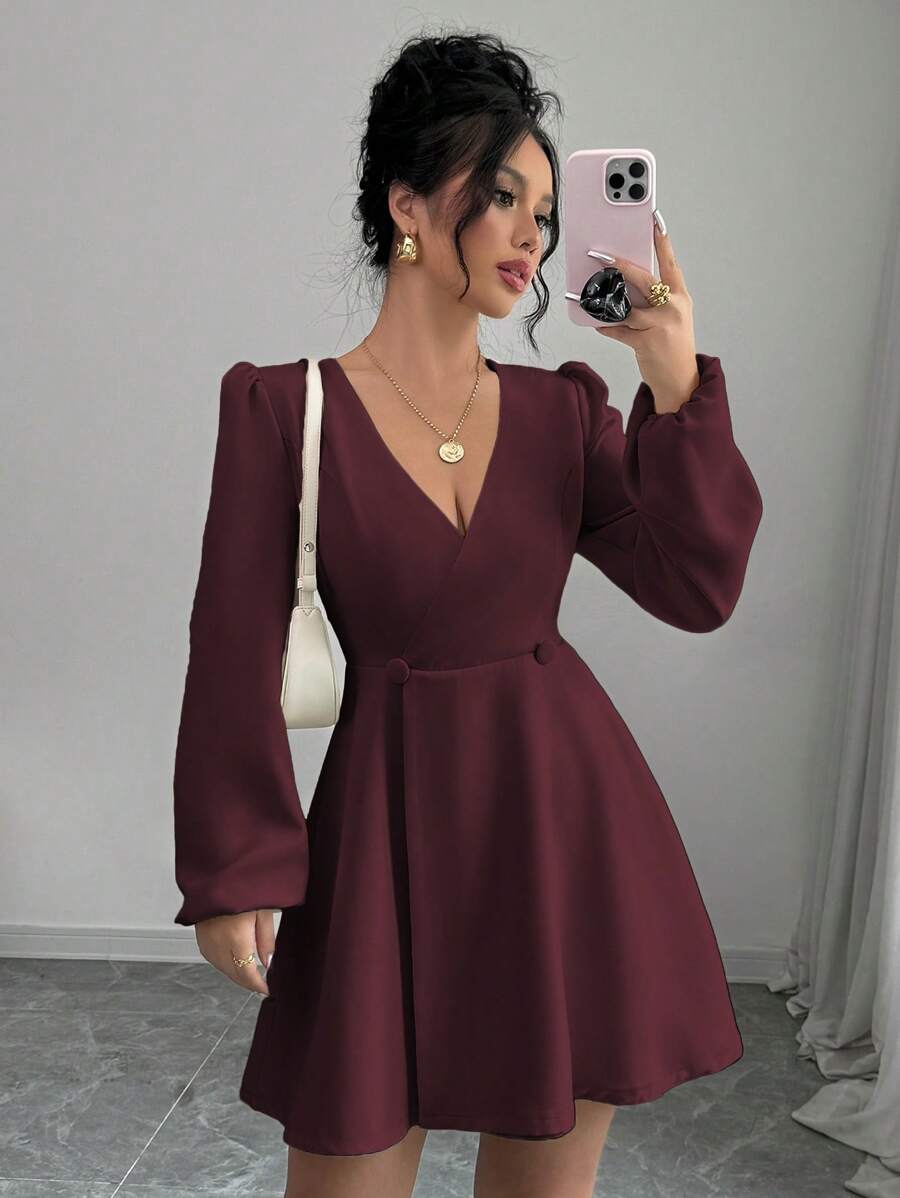 Elenzga Women's Solid Color V-Neck Double Breasted Wrap Elegant Long Sleeve Burgundy Dress