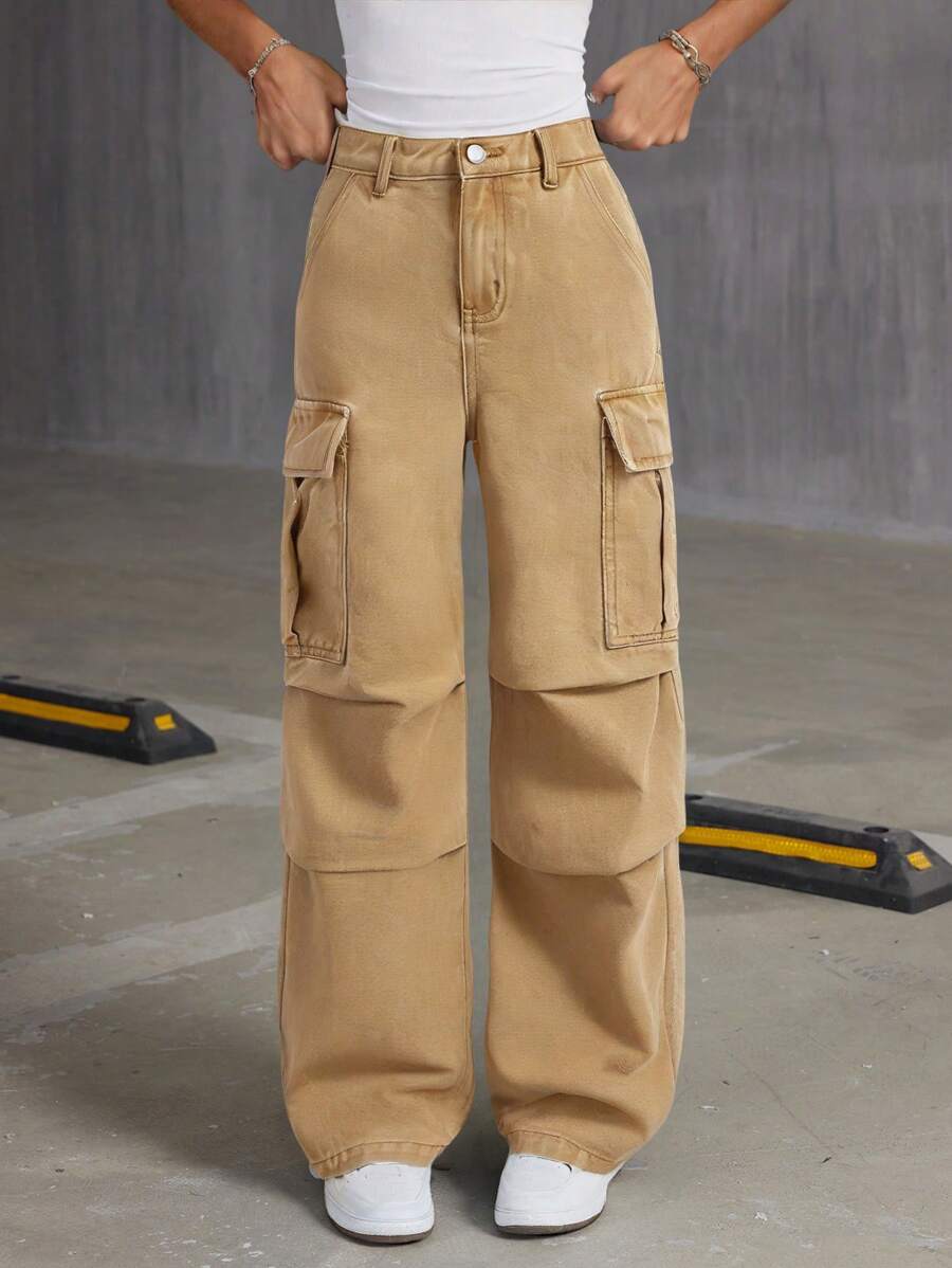 SHEIN Jeansy Baggy Cargo Khaki dla dziewczynek w stylu tween