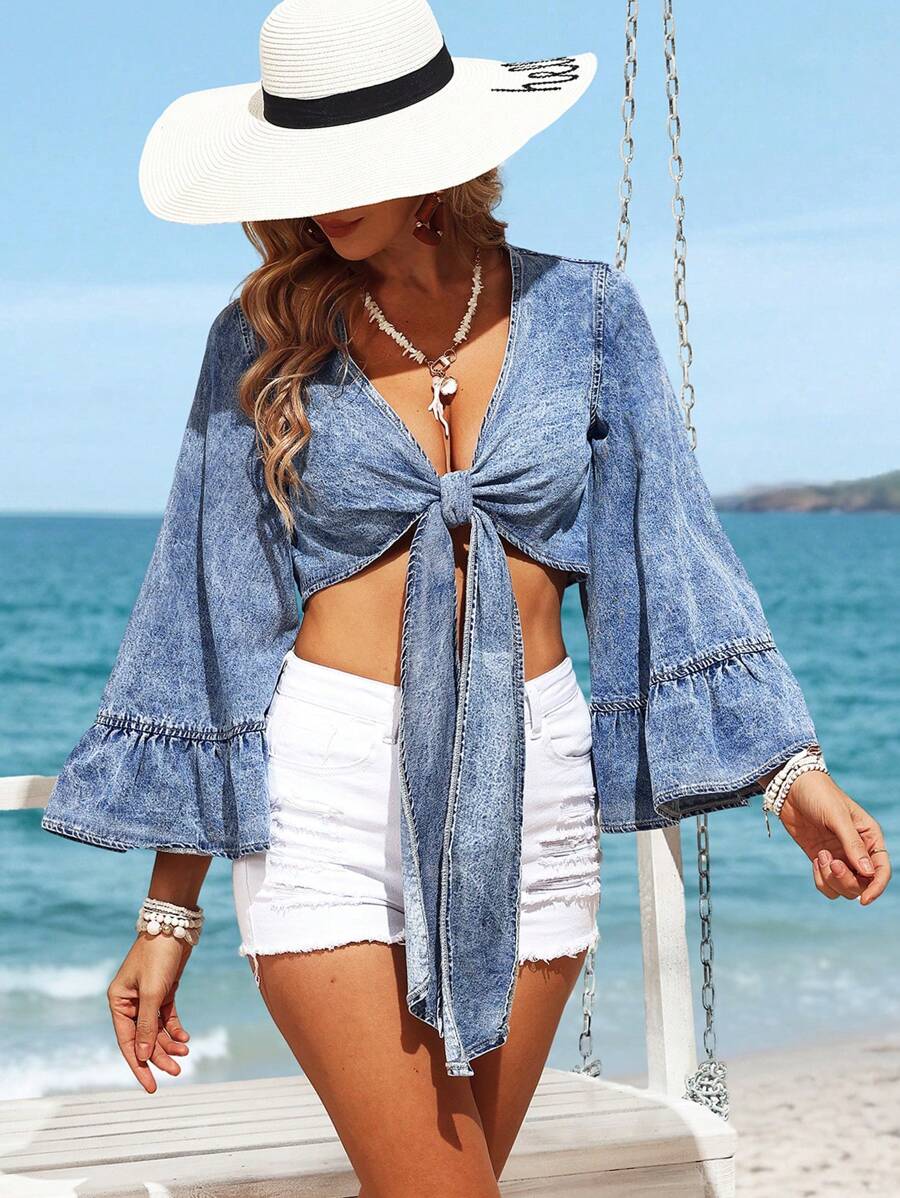 Breezaya Women's Front Tie Long Sleeve Simple Short Casual Denim Jacket