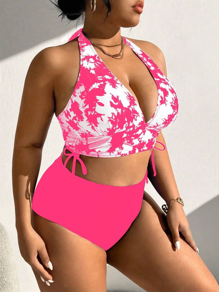 Slaydiva Plus Size Tie-Dye Print Halter Neck Top And Solid Color Triangle Bikini Set Bottom Bikini Set, High Waisted Swimwear Bathing Suit Beach Outfit Summer Vacation,Summer Beach