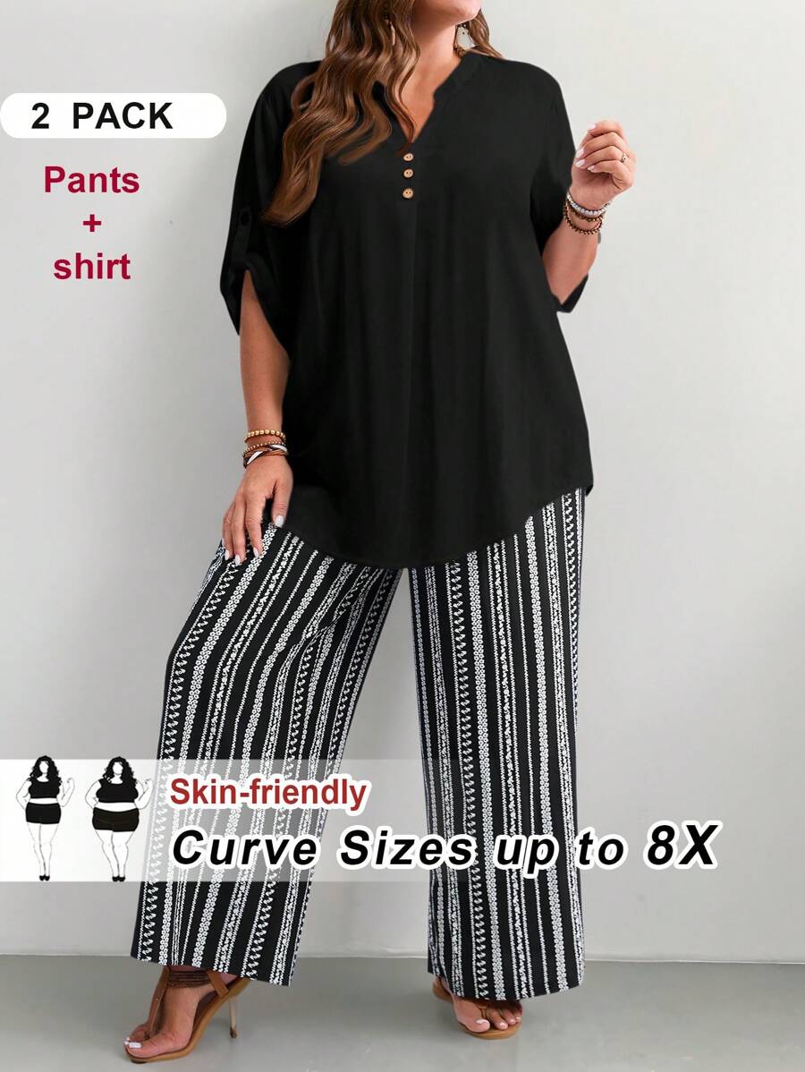 SHEIN CURVE+ Plus Size Women 2 Pieces Set Black V-Neck Short Sleeve Top And All-Over Printed Pants, Casual Holiday Outfit, Spring And Autumn,Holiday Outfits Boho