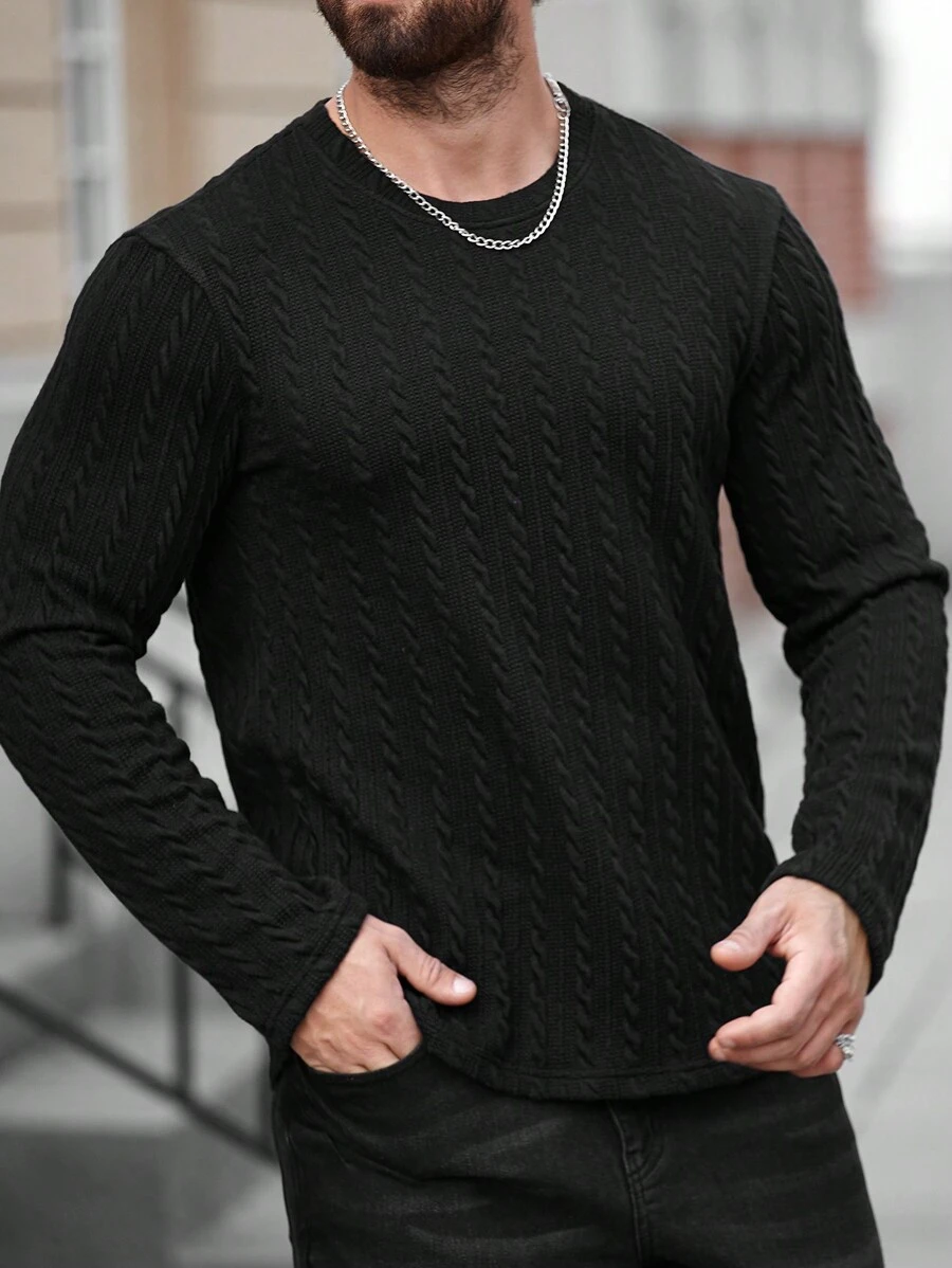 Manfinity Homme Plus Size Men's Solid Color Crew Neck Black Long Sleeve Casual T-Shirt