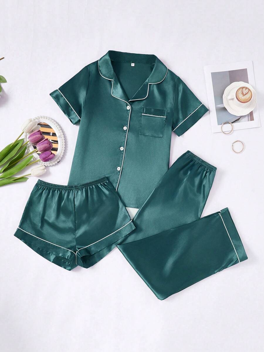 3pcs/Set Women Contrast Trim Solid Color Faux Silk Lapel Sleepwear Set