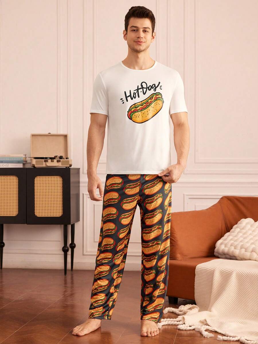 Happy Jammies Conjunto de pijama de camiseta de manga corta con estampado de letras y pantalones para hombre