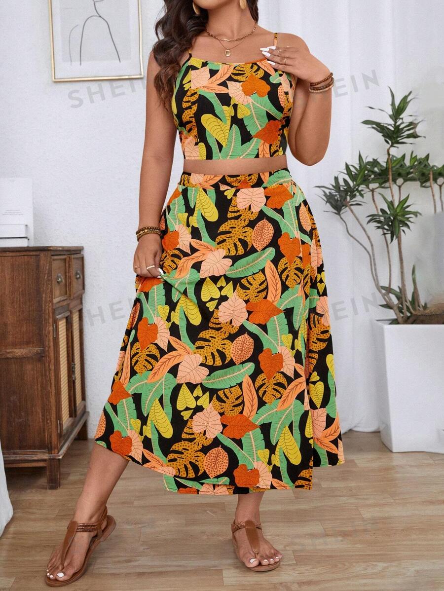 Breezaya Set de 2 piezas talla grande de top de tirantes y minifalda con estampado tropical de plantas, ropa de resort