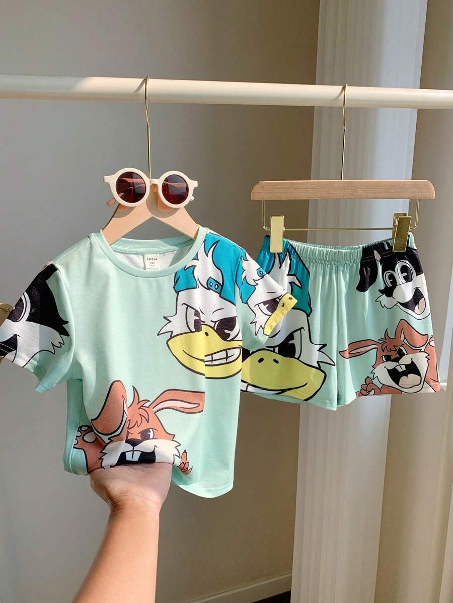 Set van 2 stuks met casual, comfortabele, stijlvolle T-shirts en shorts voor jongens met groot konijnenpatroon, geschikt voor het voorjaar en de zomer.