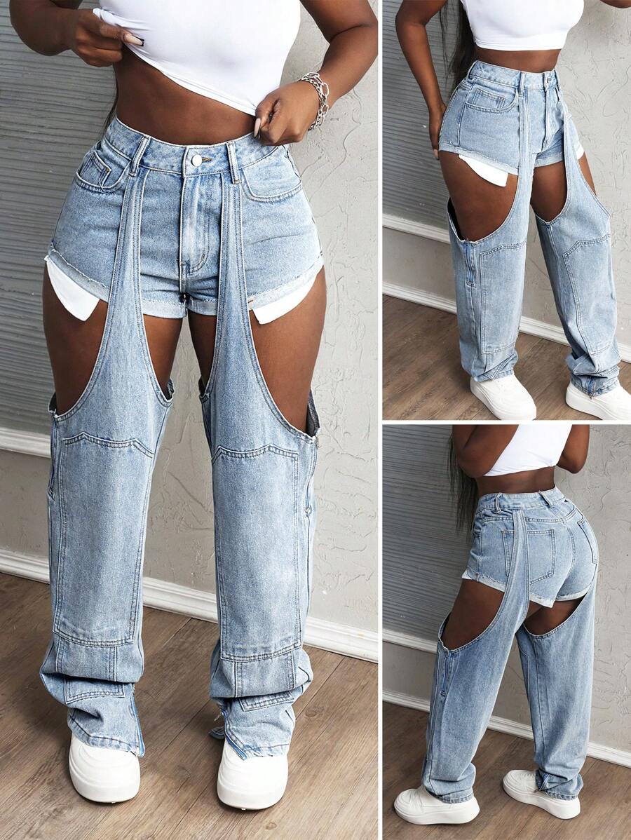 SHEIN Slayr Jeans droits sexy amples à poches et découpes pour femmes