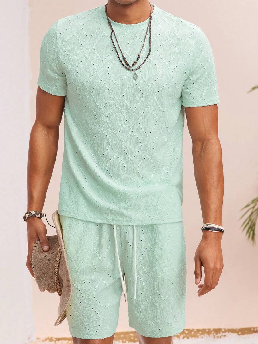 Manfinity VCAY Set de 2 piezas Camiseta de manga corta suelta casual diaria y pantalones cortos con cordón en la cintura y pierna recta para hombres jóvenes