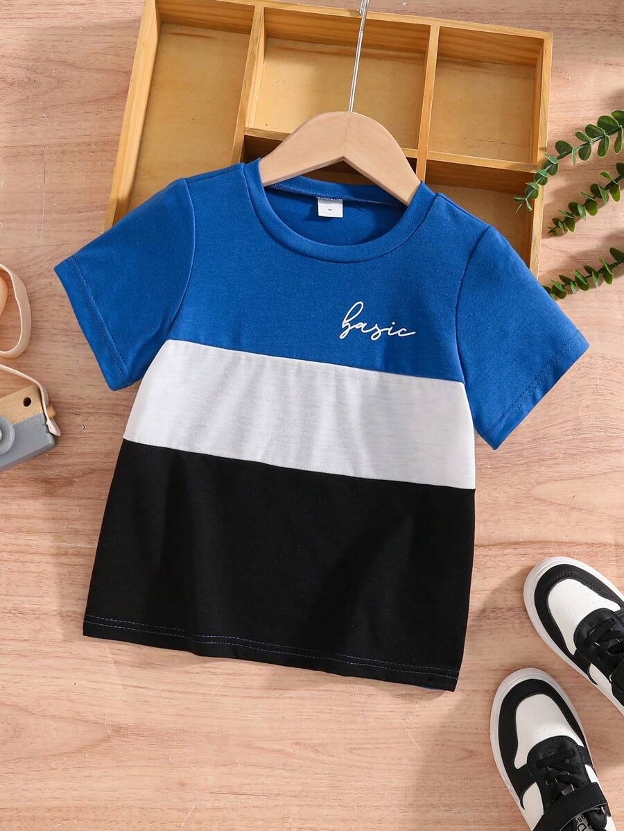 SHEIN Young Boy Simple Solid Color Patchwork Round Neck Short Sleeve Casual T-Shirt