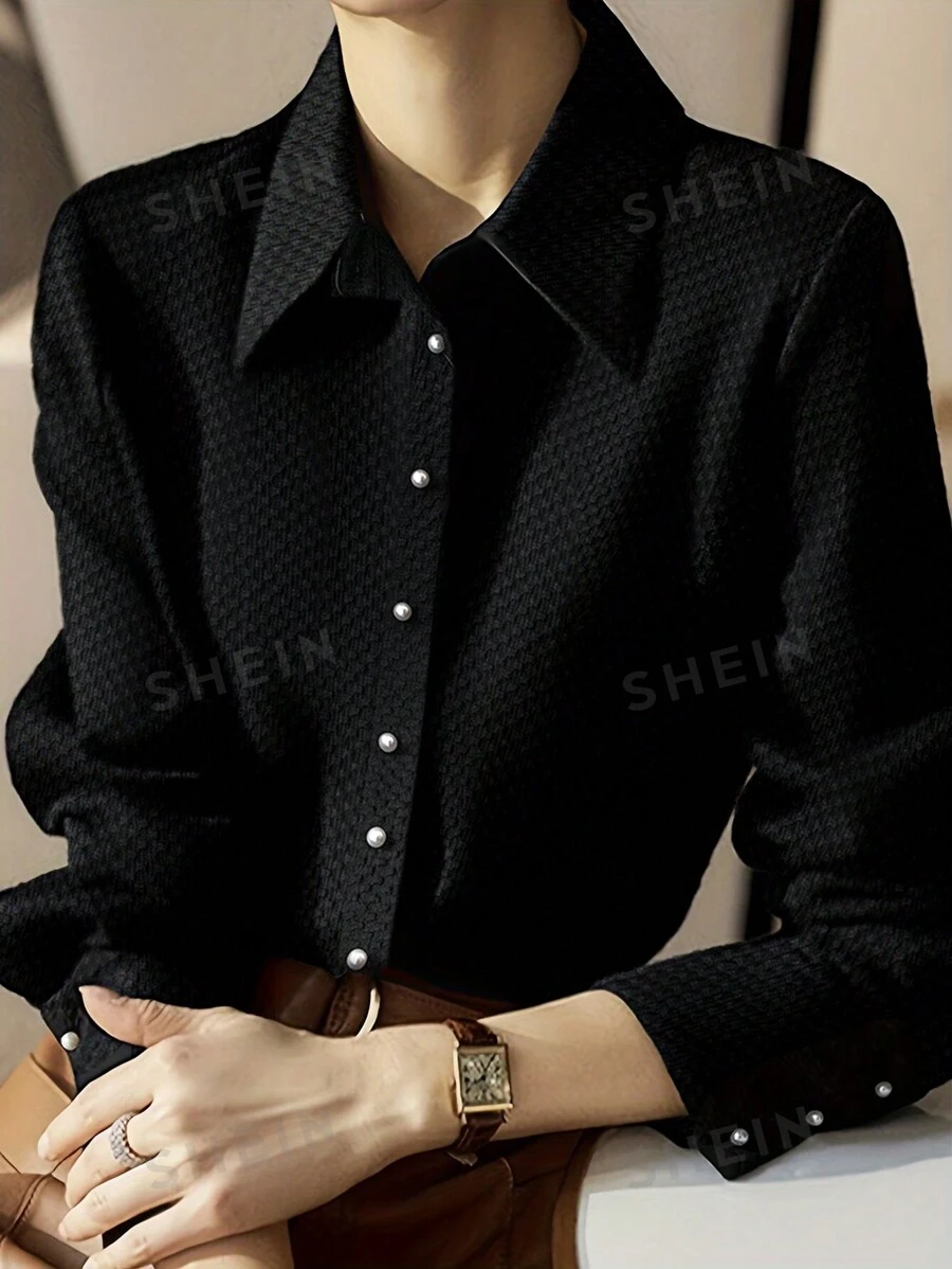 SHEIN Unity Blusa negra casual de manga larga, con botones delanteros, de unicolor y de diseño simple para mujer
