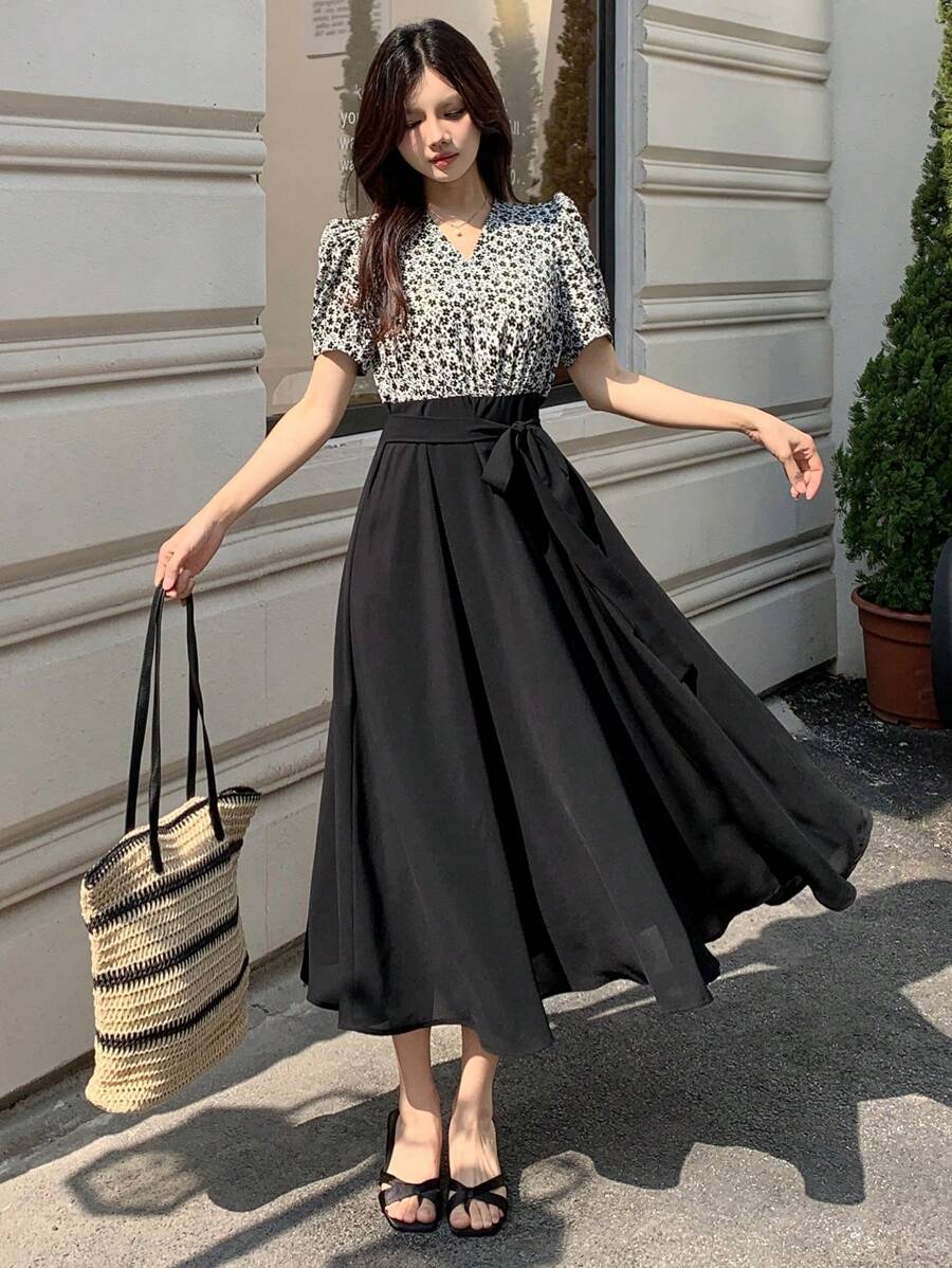 DAZY Women's Casual Contrast Color V-Neck Mid-Length Dress Sundress Cheetah Print