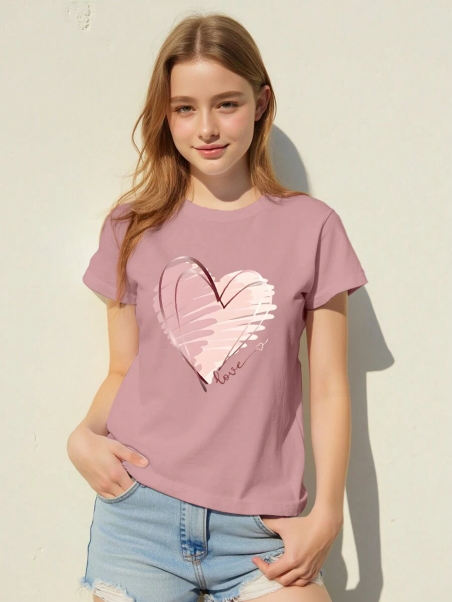 Teen Girls' Casual Simple Heart Print Short Sleeve Round Neck T-Shirt, Suitable For Summer