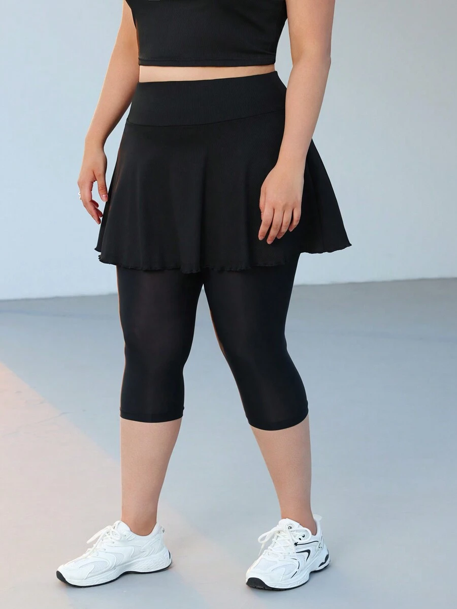 SHEIN EZwear Plus Size Black Running Skirt With Built-In Pockets, Leggings