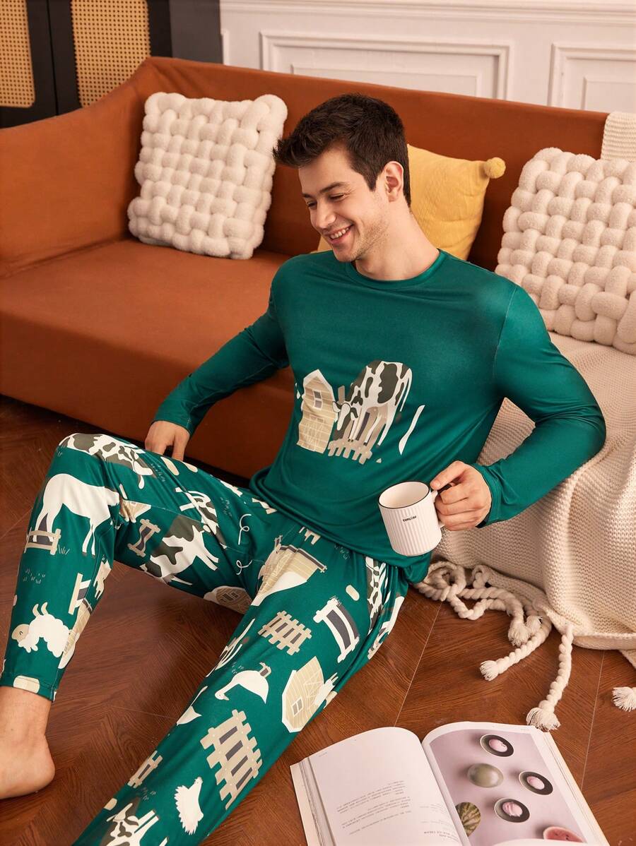 Happy Jammies Conjunto de pijama de pantalón largo y top de manga larga con estampado de vaca para hombre