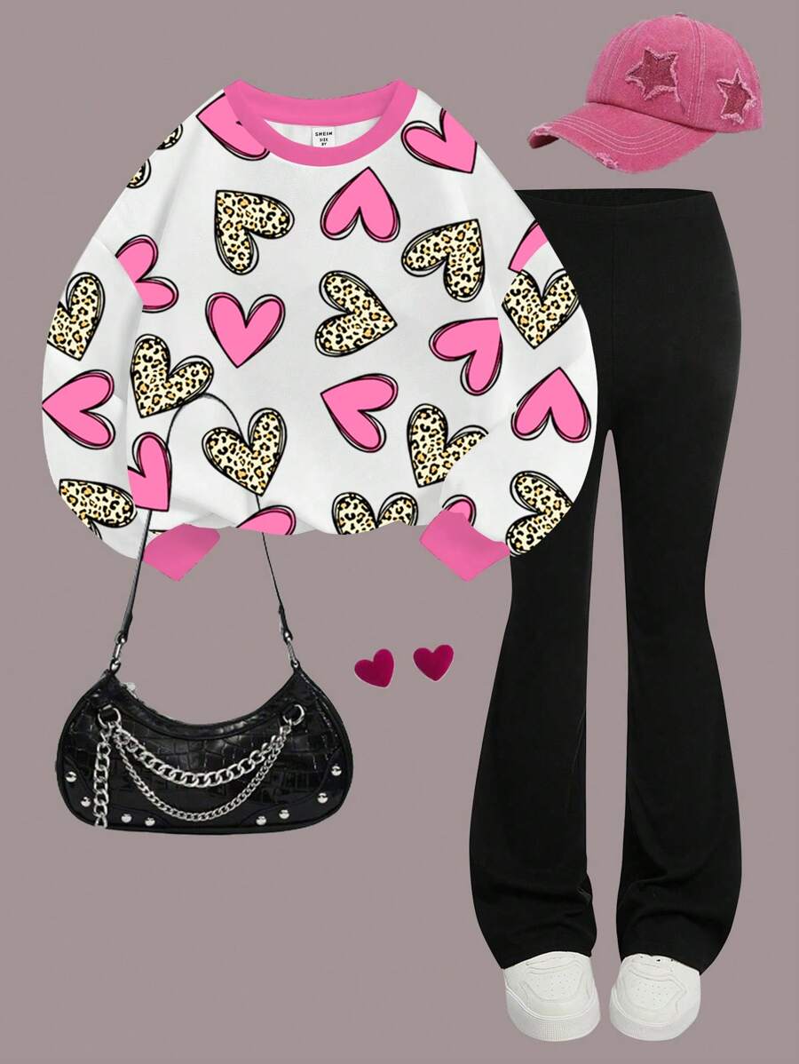 Valentine's Day Leopard & Heart Pattern, Tween Girls Knit Crew Neck Letter Graphic Loose Sweatshirt And Flare Leg Pants 2Pcs Casual Outfit