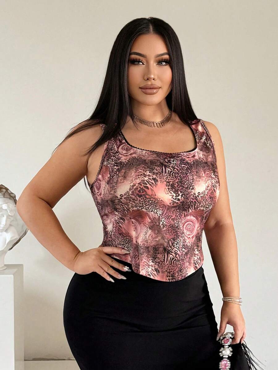 SHEIN SXY Plus Size Women Sexy Skin-Tight Cropped Top With Allover Leopard Rose Print,Suitable For Everyday Wear,Festival,Date Night,Birthday,Bachelorette Party,Wedding,Elegant,Casual,Shopping, Streetwear,Going Out,Easy To Match&Looks Slim,Accent Your Body,Flatter The Figure
