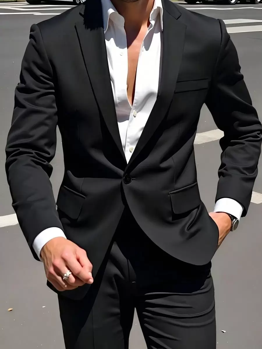 Manfinity Mode Plus Size Men's Front Button Long Sleeve Pocket Simple Casual Suit Jacket Prom For Men, Simple Fashion Casual Daily Wear Casual Formal Blazer