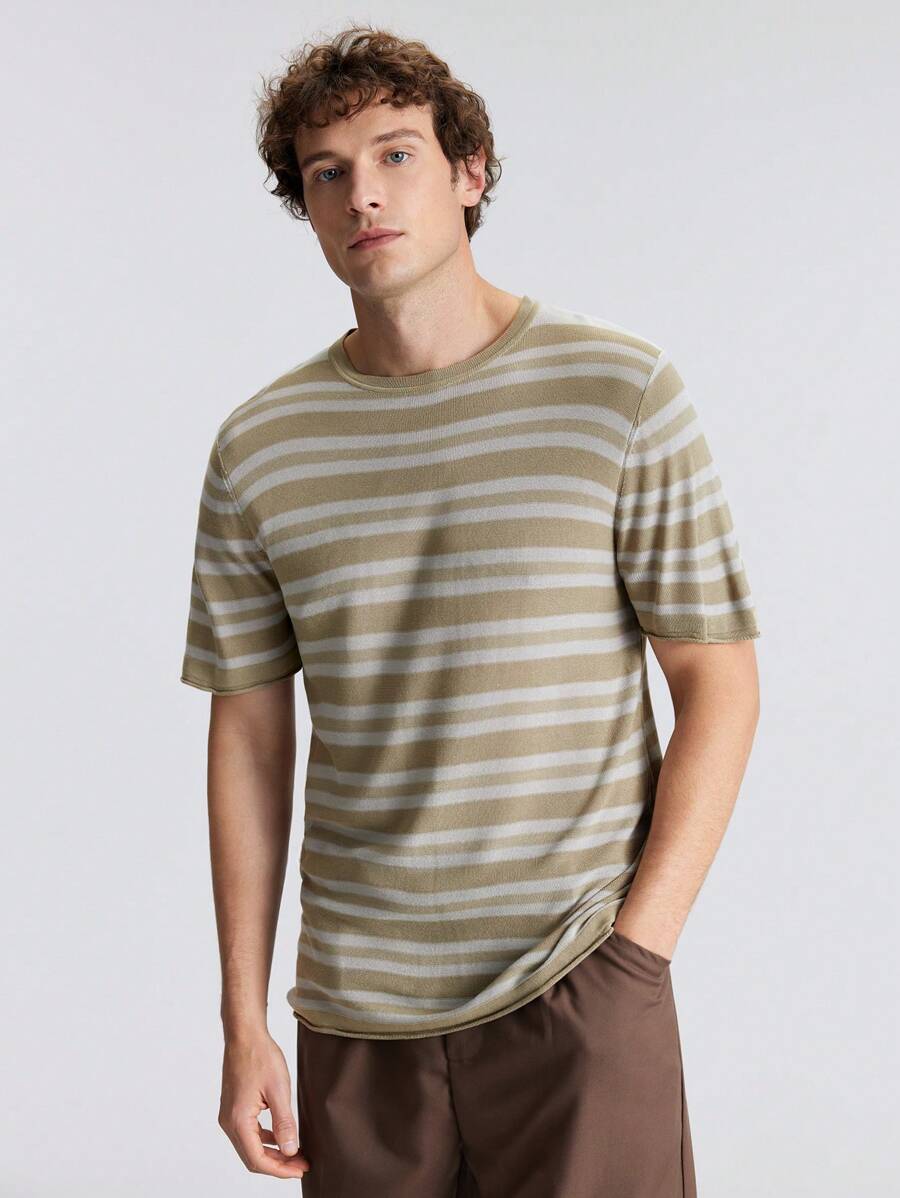 Ontre Men's Striped Short-Sleeved Knitted Top Simple Fashion Casual Vacation Beach Outing Clothes, New Styles For Spring And Summer 2025, Travel, Holiday And Commuting