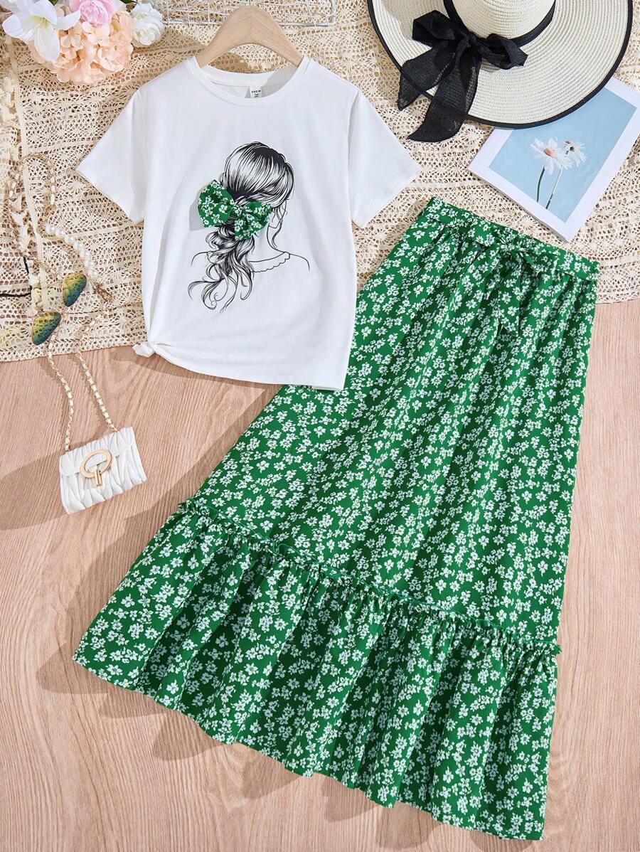 SHEIN 2pcs/Set Teen Girls Knitted Girl Print Floral Bow T-Shirt And Green Ditsy Floral Long Skirt, Suitable For Vacation, Leisure, Festival, Lunch, Music Festival, Street Wear