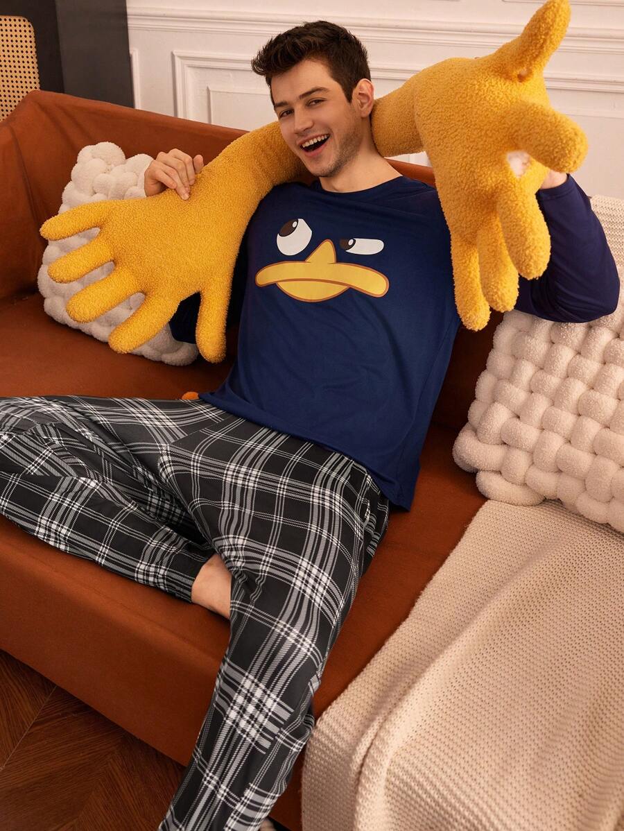 Happy Jammies Camiseta de pijama casual simple de cuello redondo y manga larga estampada para hombres