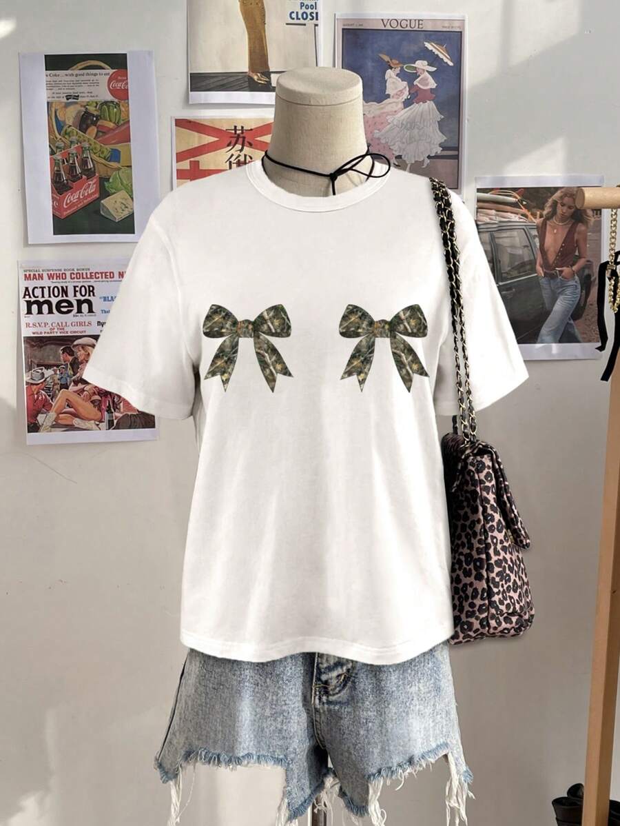 Attitoon Casual Camo Tree Branch & Bowknot Print Loose Fitting Short Sleeve Round Neck T-Shirt For Women, Suitable For Summer