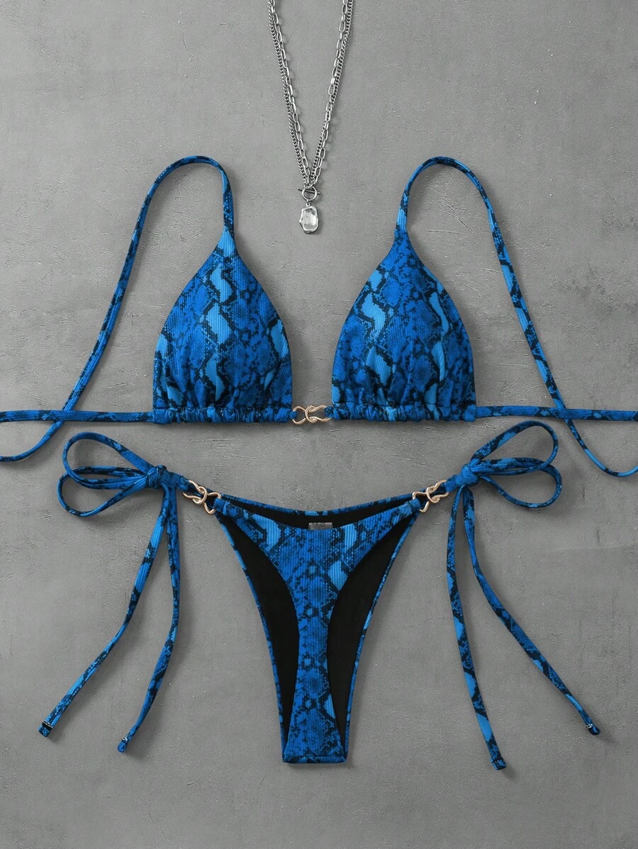 Swim Vcay 2 stuks Zomer Dames Strand Halter Print Triangel Bikini Top En String Zijkant Strik Bodem Badmode Set