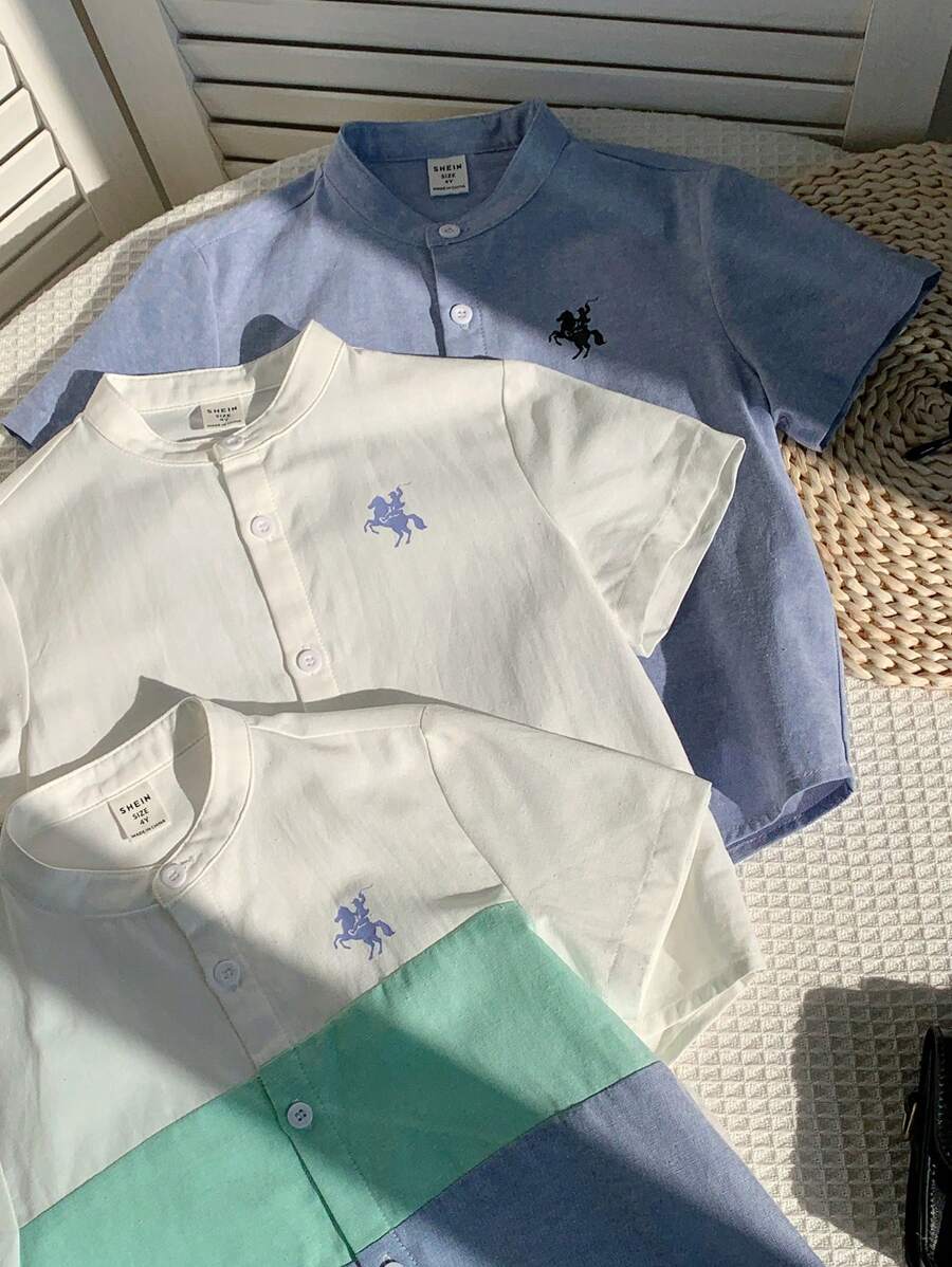 SHEIN Set de 3 camisas de moda con cuello mao, un solo botonadura, parches multicolor y bordados, diseñadas para niños, aptas para primavera, verano, otoño e invierno, uso en casa, al aire libre, en la escuela y para hacer deporte