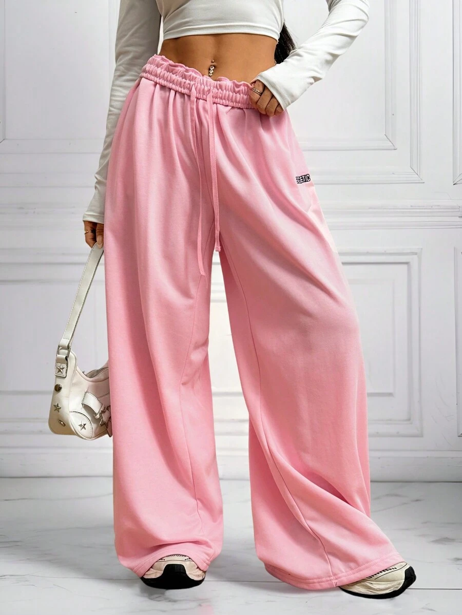 SHEIN EZwear Women Letter Print Detail Elastic Waist Simple Casual Long Pants, For Everyday Wear