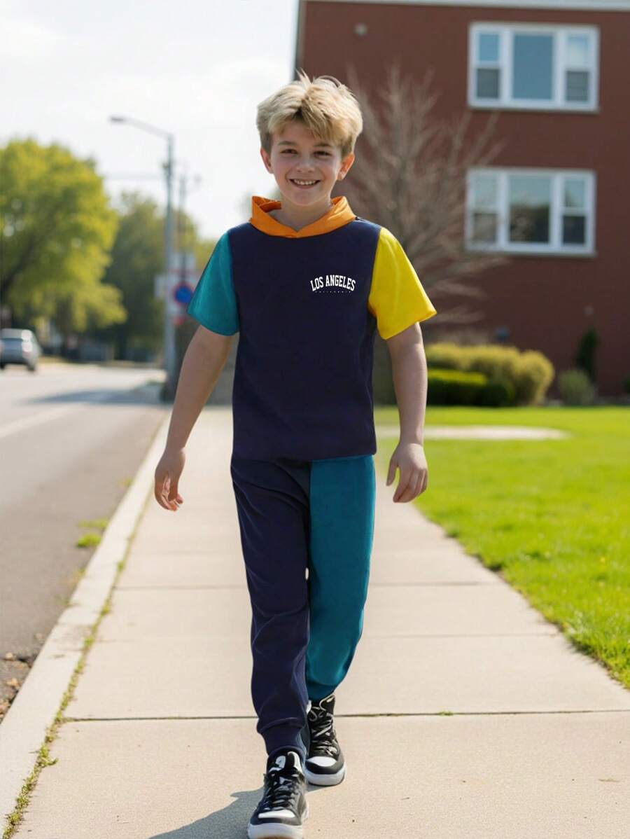 2pcs/Set Tween Boy Casual Loose Letter Print Colorblock Round Neck Short Sleeve T-Shirt And Sweatpants Outfit, Suitable For Commuting, School, Everyday Casual Wear, Sport, Spring & Summer