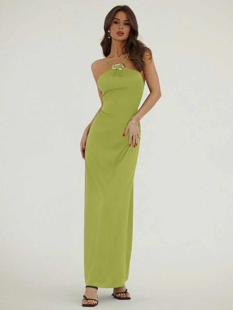 Aloruh Minimalist Elegant Asymmetrical Metal Buckle Decor Sleeveless Bodycon Midi Dress For Women