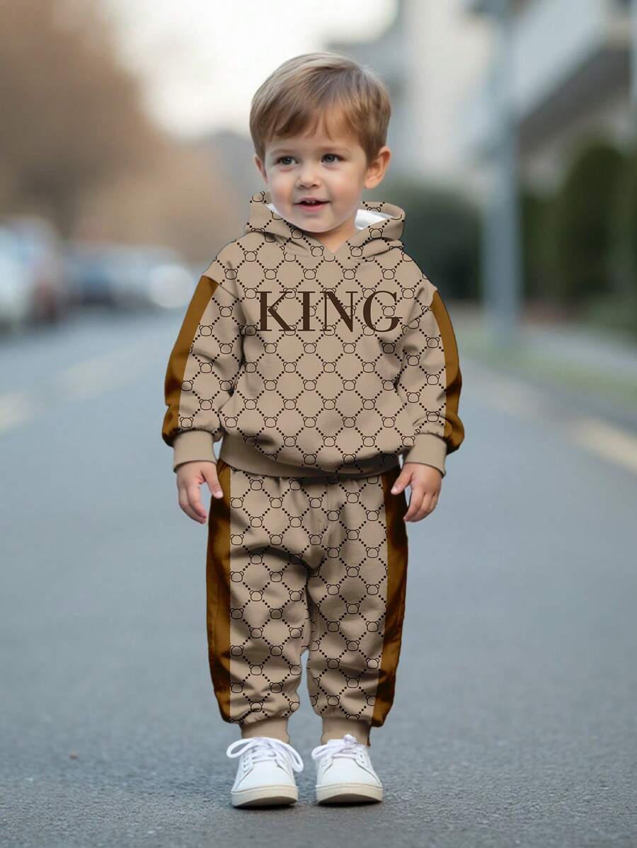 SHEIN Baby Boy Casual Loose Comfortable Knitted Soft Hoodie And Pants Set, Suitable For Autumn/Winter