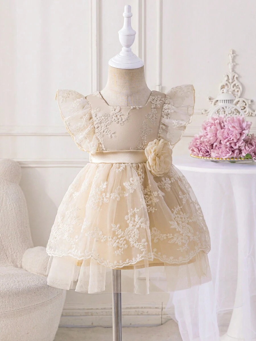 Glamorique Kids Sukienka dla dziewczynek na wiosnę/lato z kwadratowym kołnierzykiem i falbaniastym brzegiem, haftowana siateczka, elegancka, przepiękna i słodka
