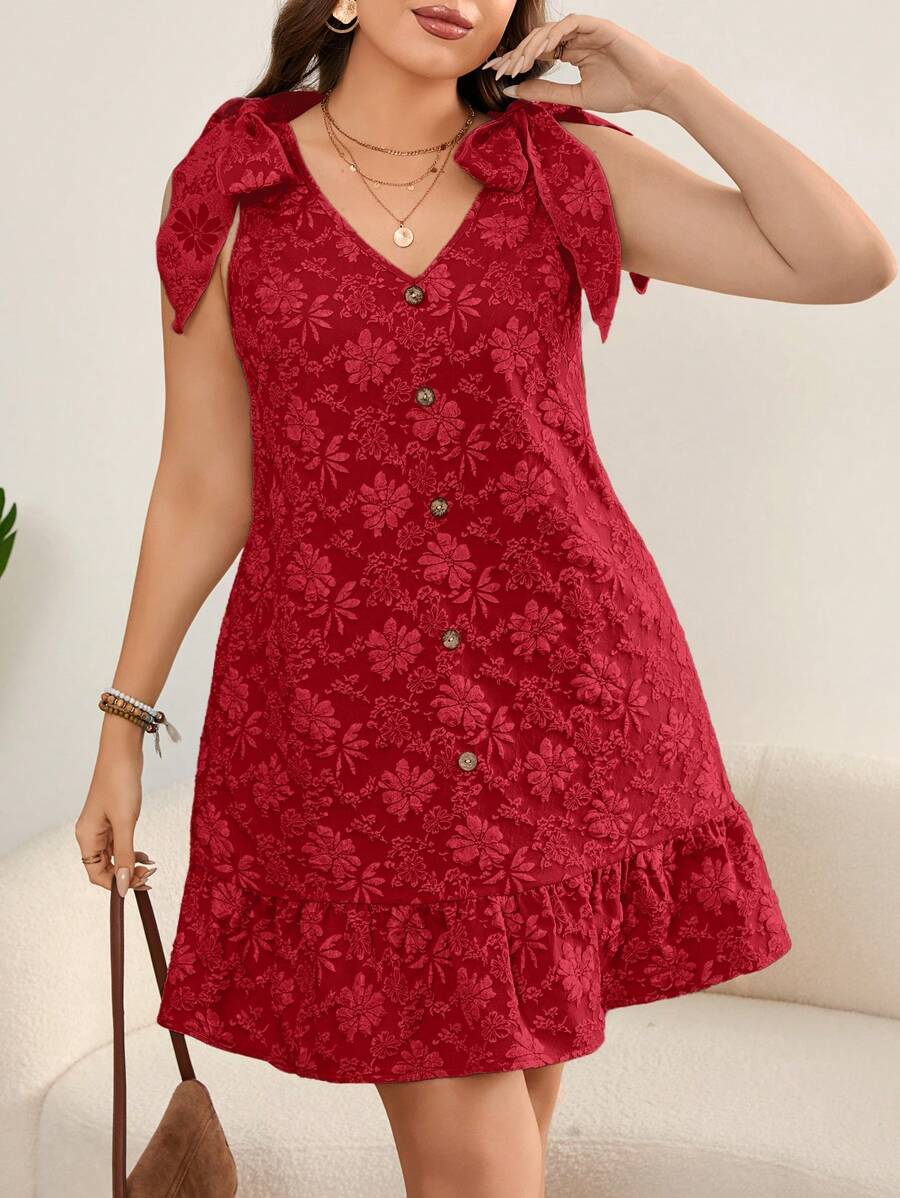 SHEIN LUNE Plus Size 3D Bloemen Stof Geknoopte Bandjes Bruidsmeisjes/Bruiloftsgast Mini Jurk