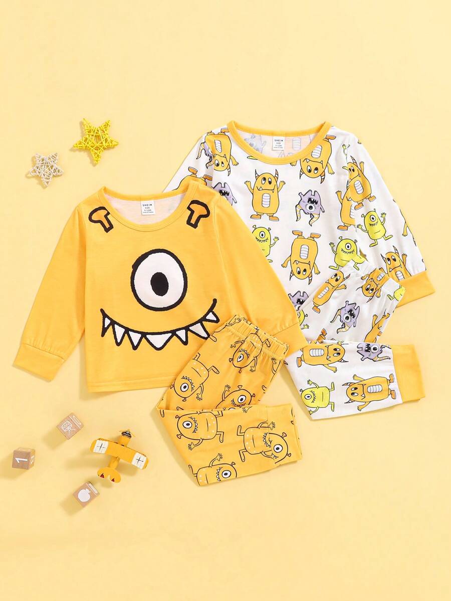 SHEIN 4pcs/Set Baby Boys Adorable Monster Graphic Print Outfit, Comfortable And Fun Combination, Suitable For Daily Wear, Family Gatherings, And Outdoor Activities